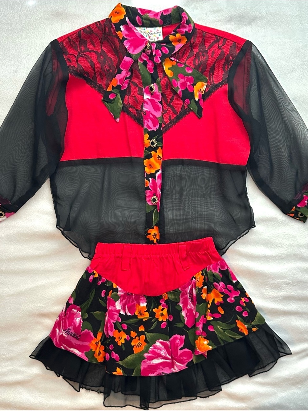 Vintage A&R Fashions Girls Fancy Western Rodeo 2pc Floral Outfit Top & Skirt 4/5